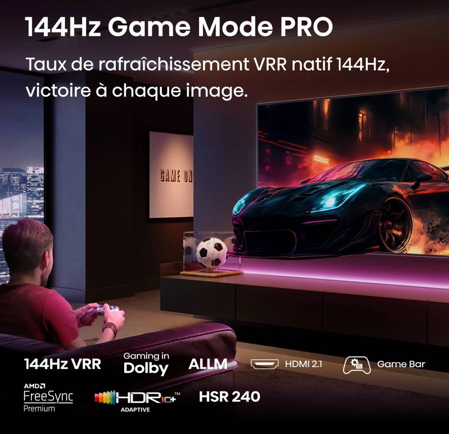  Téléviseur gaming Hisense 55E7Q Pro avec HDMI 2.1, 144 Hz et latence 13,8 ms