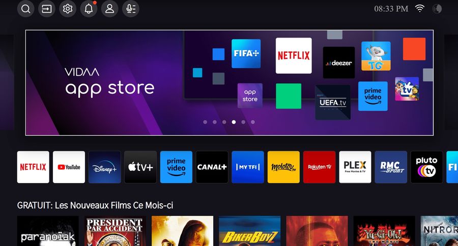 Vidaa, l'OS de la TV Hisense 75U7NQ donne accès aux application Netflix, Disney+, Apple TV et Prime Video.