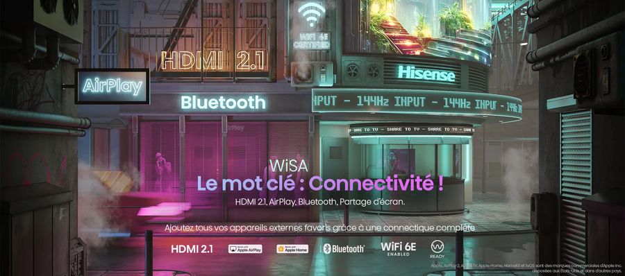 Hisense 65U8NQ : connectivité étendue avec HDMI 4K 144 Hz, USB, Bluetooth, WiFi 6, AirPlay 2