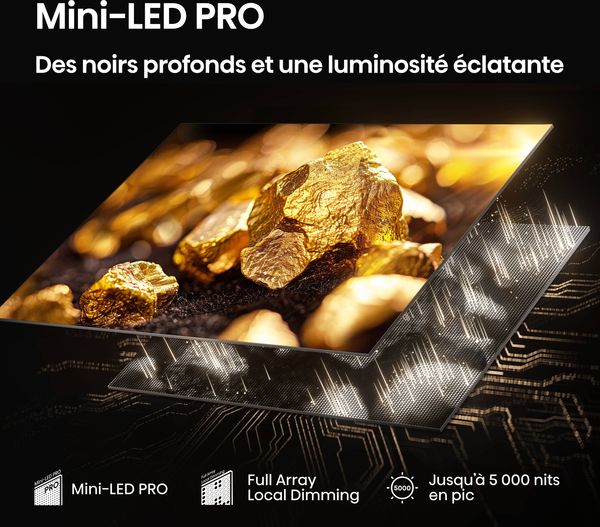 Écran du téléviseur Mini LED 4K Hisense 55U8Q affichant des détails lumineux grâce à la technologie Mini-LED PRO.