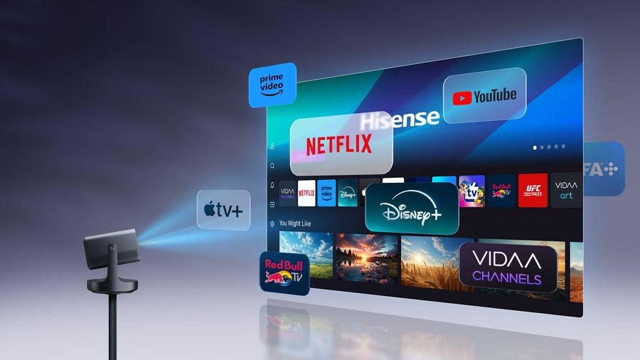 Interface Vidaa du vidéoprojecteur 4K Hisense C2 affichant des applications de streaming comme Netflix et Disney+.