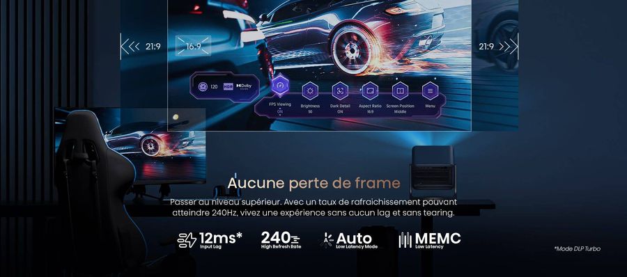 Vidéoprojecteur Hisense C2 Pro : fonctions gaming Vidéoprojecteur Hisense C2 Pro affichant des images de jeux vidéo en mode 16:9 et 21:9, avec fluidité optimale.