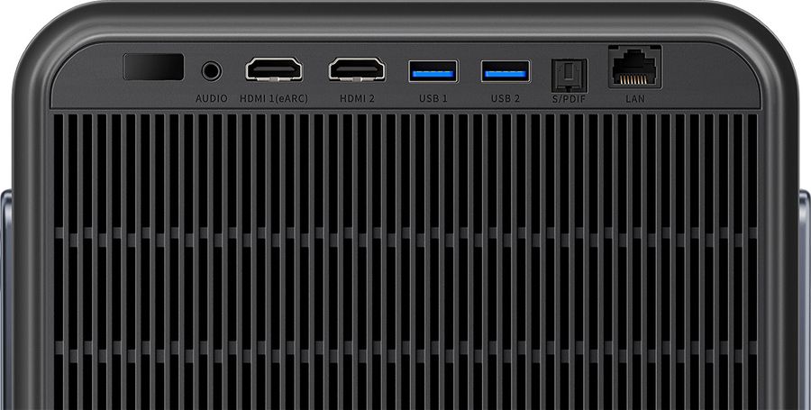 Connectique du projecteur Hisense C2 Ultra Vue arrière du projecteur Hisense C2 Ultra montrant la connectique (HDMI, USB, et LAN).