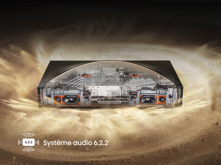 Audio 6.2.2 du vidéoprojecteur Hisense L9Q Vue intérieure du vidéoprojecteur 4K ultra courte focale Hisense L9Q montrant son système audio intégré 6.2.2 canaux.