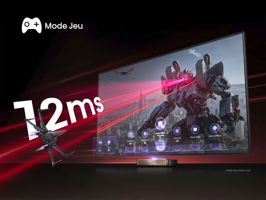 Mode jeu 12 ms du vidéoprojecteur Hisense L9Q Vidéoprojecteur 4K ultra courte focale Hisense L9Q en mode jeu affichant une réactivité de 12 ms pour un gameplay fluide.