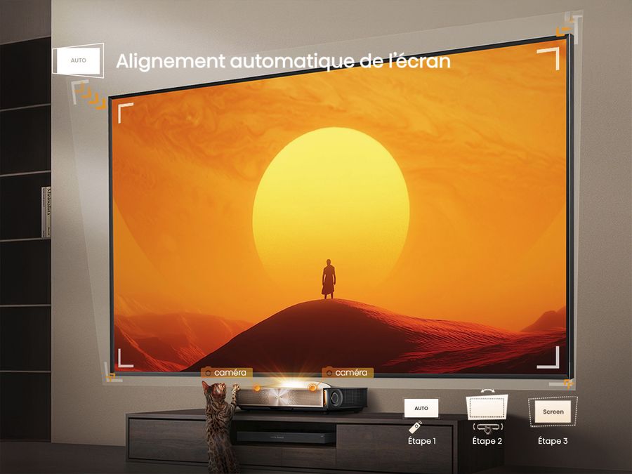 Alignement automatique de l'image du vidéoprojecteur Hisense L9Q Vidéoprojecteur 4K ultra courte focale Hisense L9Q avec fonction d’alignement automatique de l’écran pour un cadrage précis.
