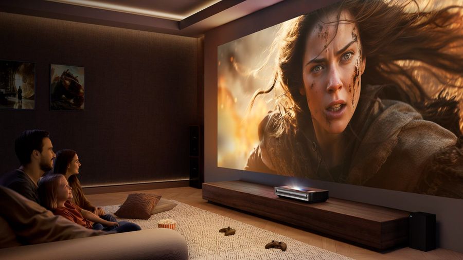 Vidéoprojecteur laser 4K Tri-chroma ultra-courte focale Hisense PX3 utilisé dans un salon pour visionnage cinéma.