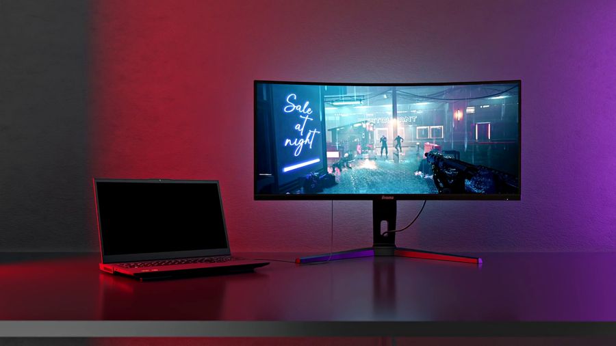Ordinateur portable reli&eacute; au moniteur iiyama G-Master Gold Phoenix GCB3486WQSCP-B1 par un seul c&acirc;ble USB-C.