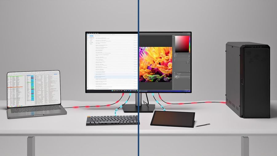 Connectique du iiyama ProGraphic HB2701UHSNP-B1 avec station USB-C 96 W, hub USB, RJ45 et commutateur KVM