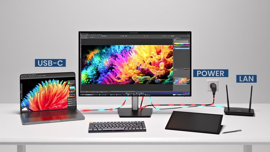 Connectique du iiyama ProGraphic HB3201UHSNP-B1 avec USB-C 96 W, DisplayPort et commutateur KVM