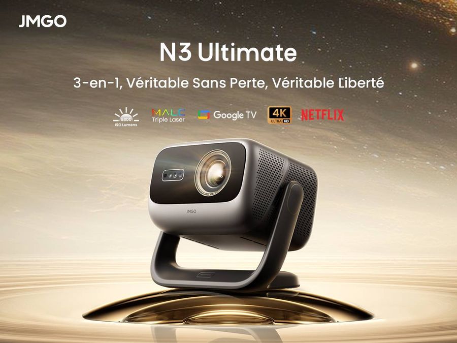 JMGO N3 Ultimate pr&eacute;sent&eacute; dans un d&eacute;cor spatial avec ses principales fonctionnalit&eacute;s