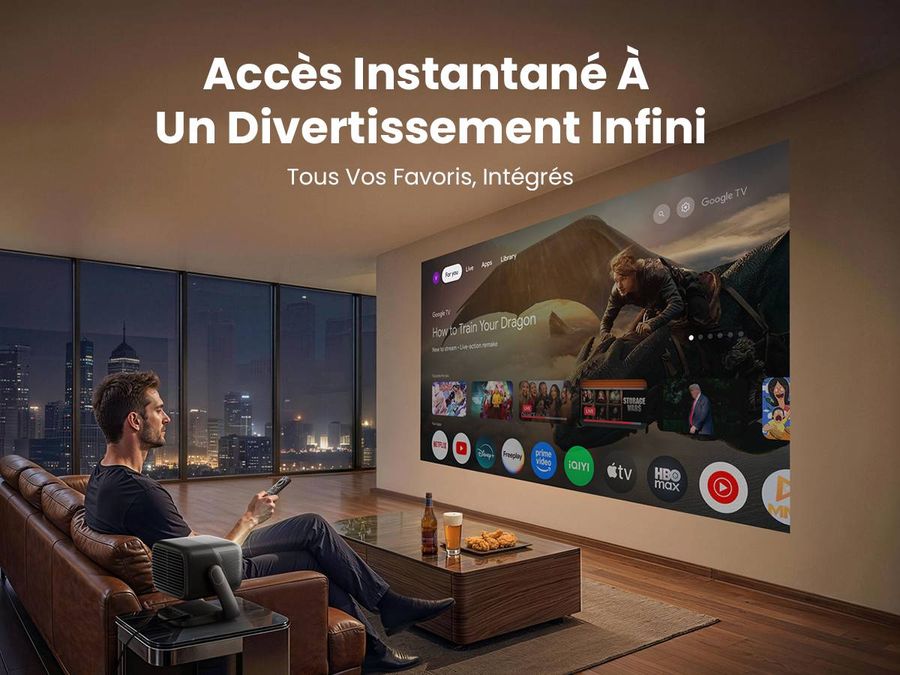 JMGO N3 Ultimate projetant l'interface Google TV sur le mur dans un salon