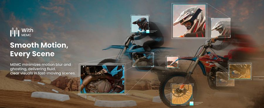 Le projecteur ultra courte focale JMGO O2S Ultra utilise la technologie MEMC pour améliorer la fluidité des scènes rapides.