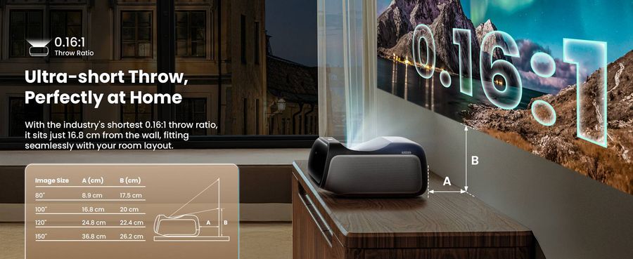 Projecteur ultra courte focale JMGO O2S Ultra avec ratio de projection 0,16:1 affichant une image de grande taille à très faible distance.