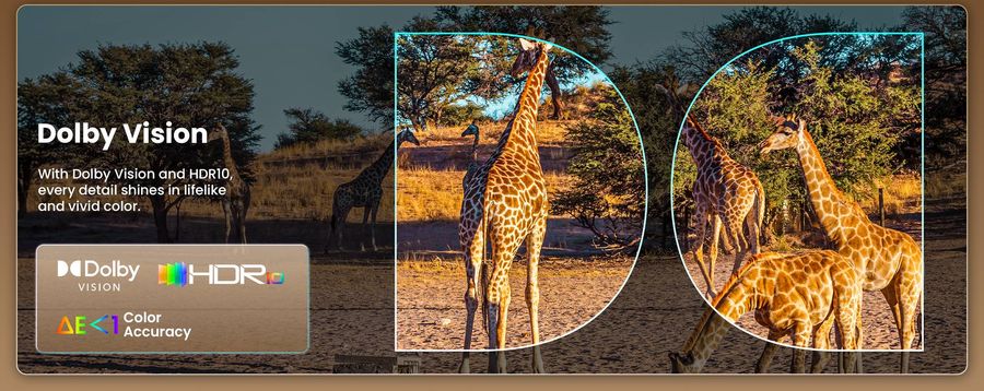 Affichage du projecteur ultra courte focale JMGO O2S Ultra avec compatibilité Dolby Vision et HDR10 pour un rendu réaliste.