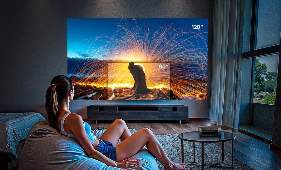 Une femme regarde un film projeté en grand format par le vidéoprojecteur Full HD JMGO PicoPlay+ dans un salon moderne.