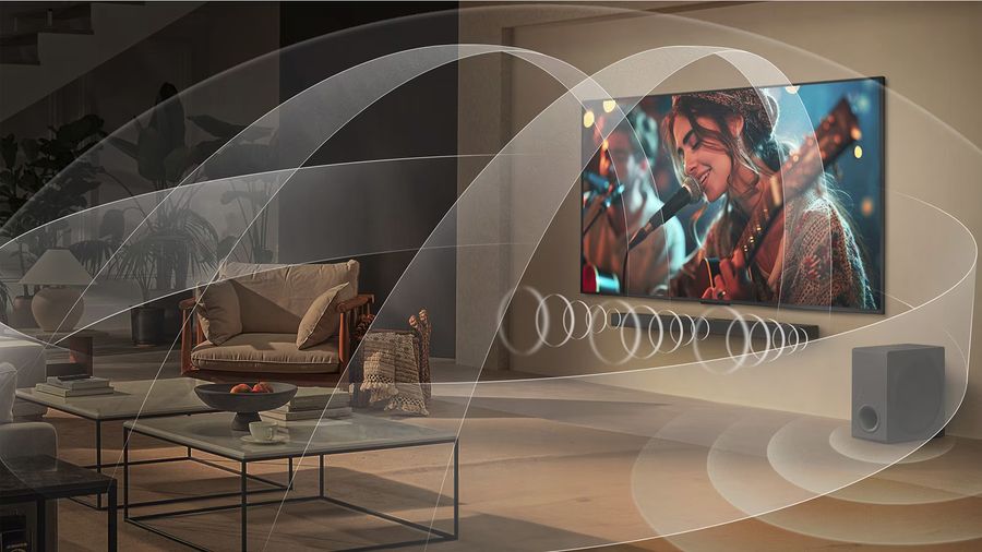 Téléviseur Mini LED LG 100QNED86A diffusant un son immersif avec technologie Dolby Atmos virtuel dans un salon moderne.