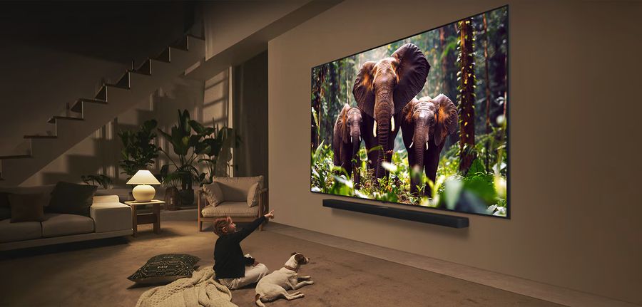 Téléviseur Mini LED LG 100QNED86A affichant une image détaillée d’éléphants dans une jungle luxuriante.