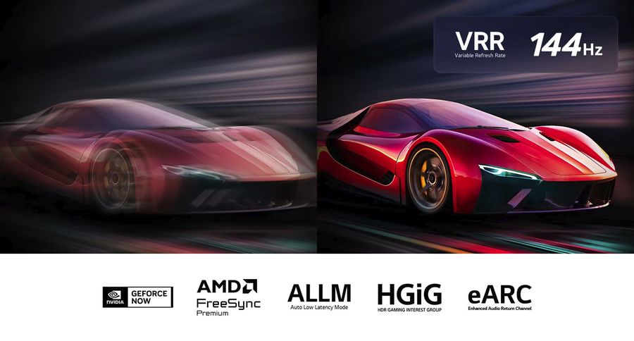 Téléviseur Mini LED LG 100QNED86A affichant une image fluide de voiture de course grâce au taux de rafraîchissement 144 Hz.