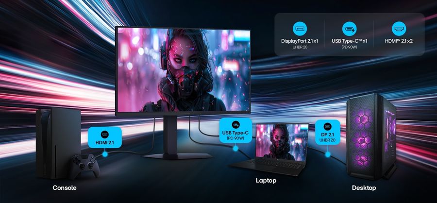 Connectique du moniteur gaming LG UltraGear Evo 27GM950B-B avec HDMI 2.1, DisplayPort 2.1 et USB-C 90 W.