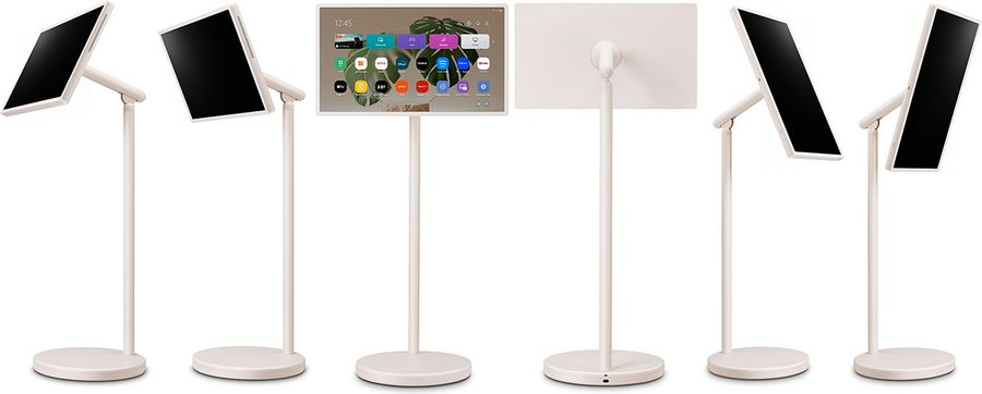 Écran multimédia LG StanbyME 2 Écran multimédia LG StanbyME 2 affiché sous plusieurs angles, avec support orientable sur pied circulaire.