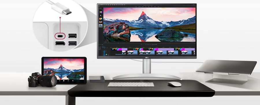 Grâce à ses deux ports HDMI, son DisplayPort et son port USB-C, l'écran professionnel LG UltraFine 27UP850K-W prend en charge plusieurs sources.