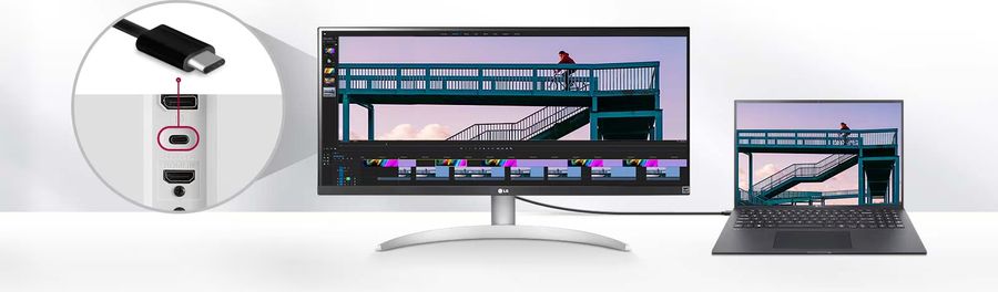 L'&eacute;cran de PC LG UltraWide 29WQ600-W peut accueillir un ordinateur portable gr&acirc;ce &agrave; son port USB-C.