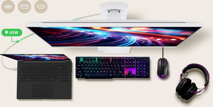 Ports HDMI 2.1, DisplayPort 1.4, USB-C 65 W, USB-A 2.0 et sortie casque du LG UltraGear 32G810SA-W