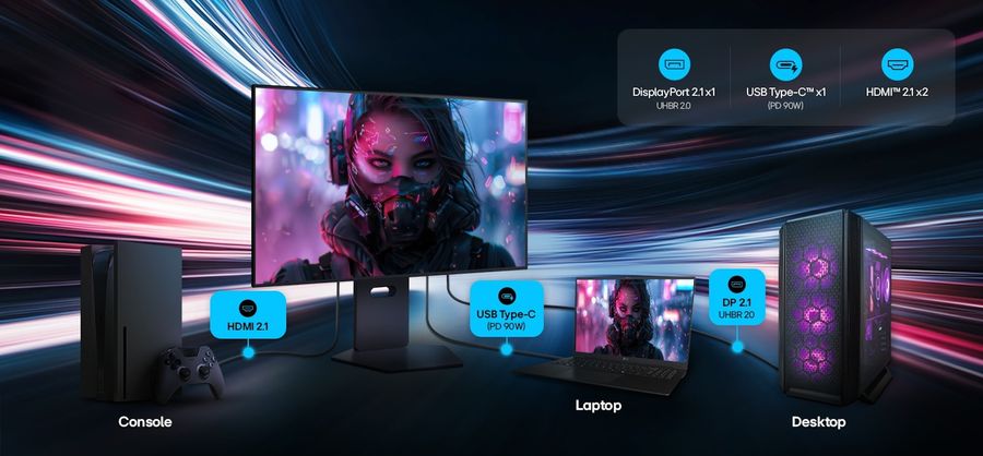 Connectique de l'&eacute;cran PC LG UltraGear OLED 32GX870B-B avec HDMI 2.1, DisplayPort 2.1 et USB-C 90 W