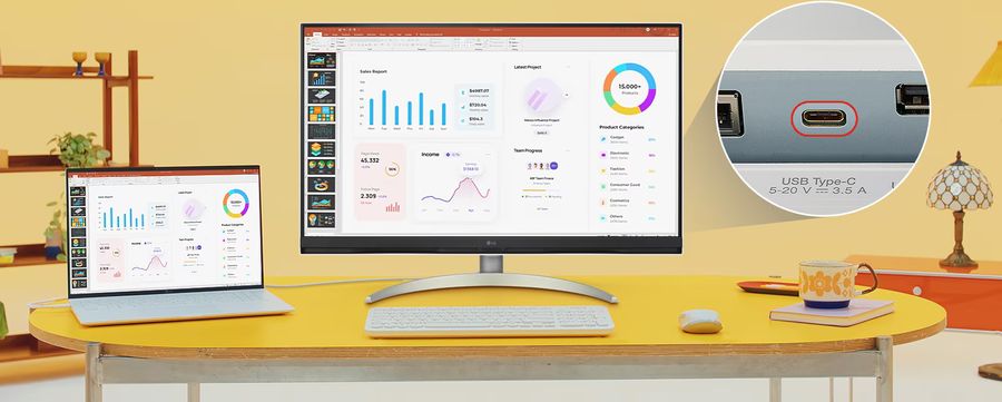 Le port USB-C de l'&eacute;cran PC MyView Smart Monitor 32SQ700S-W permet d'y connecter un ordinateur portable.