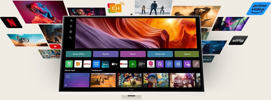 Moniteur LG 32U850SA-W avec webOS 24 intégré et accès direct aux applications de streaming et cloud.
