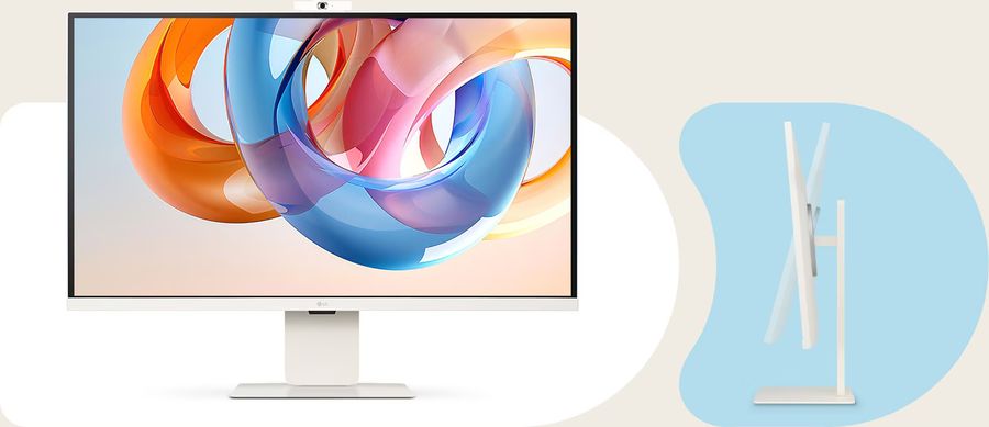 Écran LG 32U850SA-W au design blanc élégant avec pied réglable et fixation murale VESA.