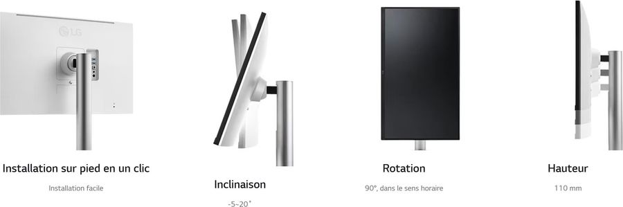 Réglable en hauteur, inclinable et pouvant être pivoté, l'écran pro LG UltraFine 32UQ850V-W s'adapte à toutes les situations.