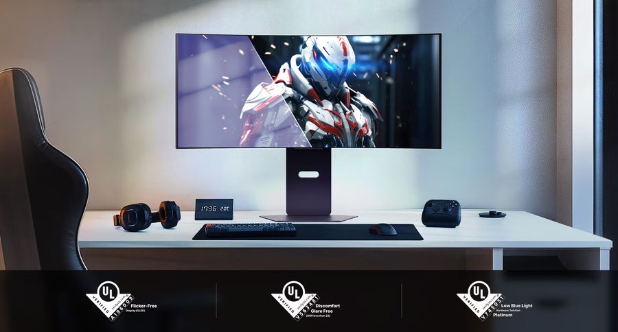 Moniteur LG UltraGear OLED 34GX900A-B certifié TUV, sans scintillement, à faible lumière bleue et anti-reflets pour un confort oculaire durable.
