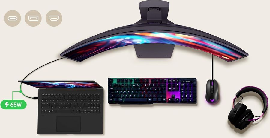 Port USB-C du LG UltraGear OLED 34GX900A-B : vidéo, données et charge 65 W via un seul câble pour plus de simplicité.