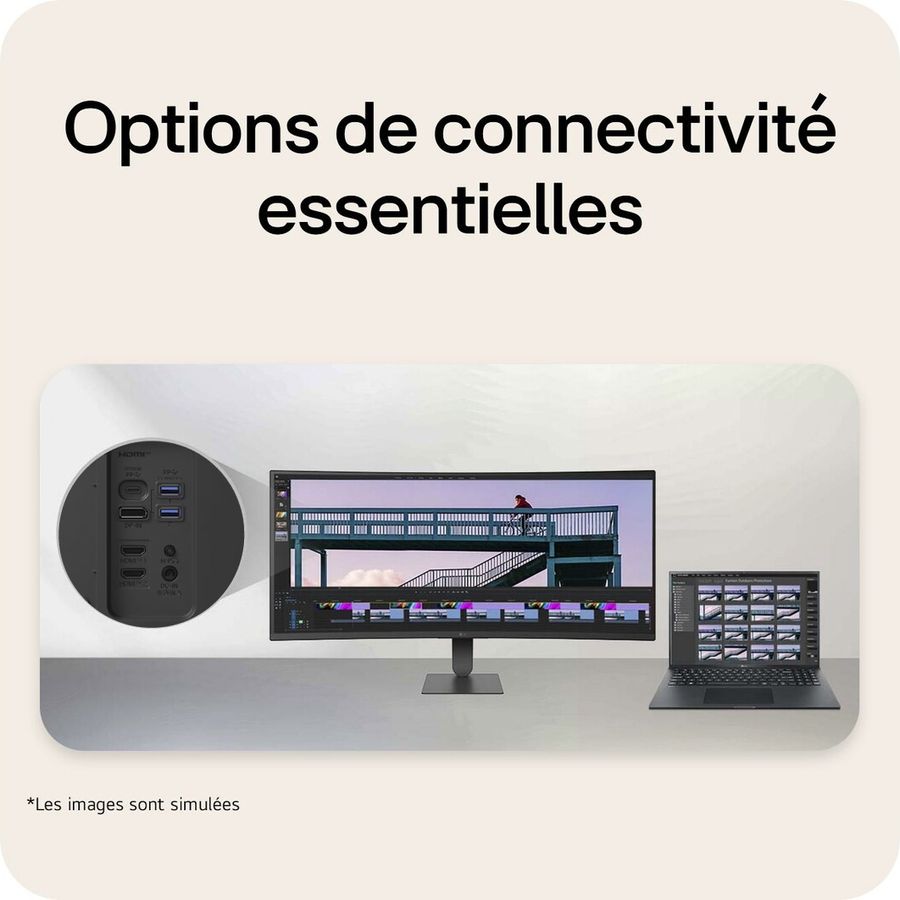 Connectique du moniteur LG UltraWide 34U640B-B avec ports HDMI, DisplayPort, USB-C et connexion &agrave; un ordinateur portable.