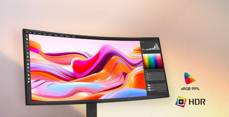 &Eacute;cran LG UltraWide 34U640B-B affichant une cr&eacute;ation graphique color&eacute;e avec une couverture sRGB de 99 % et le HDR10.