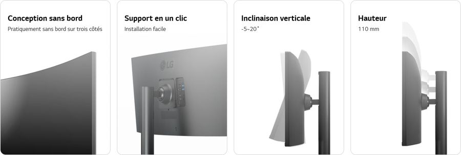 L'&eacute;cran pro LG UltraWide 34WR55QC-B peut &ecirc;tre r&eacute;gl&eacute; en hauteur et inclin&eacute;.