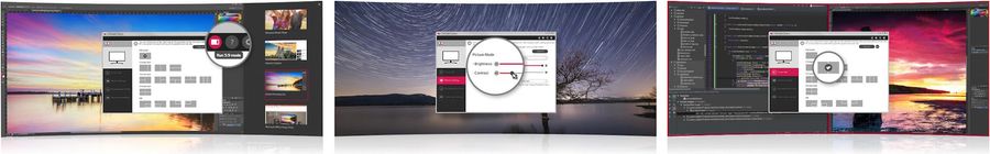 Le moniteur ultra-large LG UltraWide 34WR55QC-B est livr&eacute; avec le logiciel OnScreen Control permettant d'organiser ses fen&ecirc;tres &agrave; l'&eacute;cran.