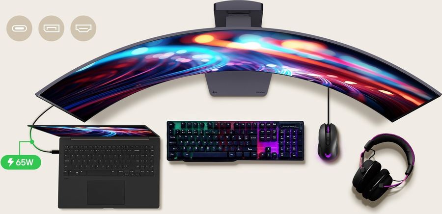 Connectique du moniteur LG UltraGear OLED 45GX900A-B avec ports HDMI 2.1, USB-C, audio DTS Headphone:X et haut-parleurs 2x7W.