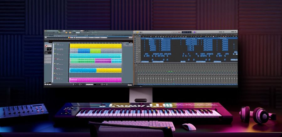 Écran gaming ultra large LG UltraWide 49U950A-W avec pied réglable, filtre de lumière bleue et système audio intégré de 10 W.