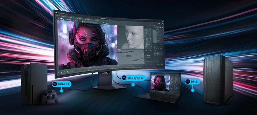 Moniteur LG UltraGear Evo 52G930B-B reli&eacute; &agrave; une console, un ordinateur portable et un PC via HDMI 2.1, USB-C et DisplayPort 2.1