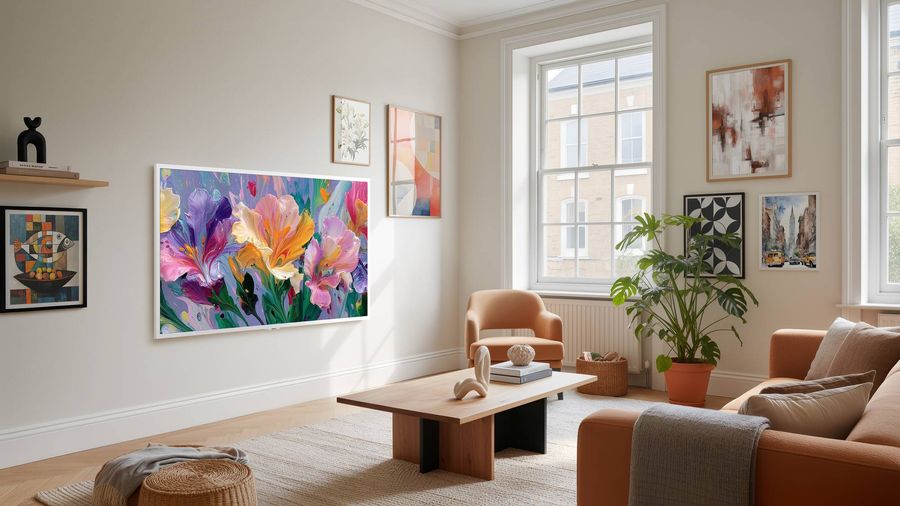 T&eacute;l&eacute;viseur LG 55LX7B6LA Gallery TV affichant une &oelig;uvre florale dans un salon lumineux &agrave; la d&eacute;coration contemporaine et &eacute;pur&eacute;e.