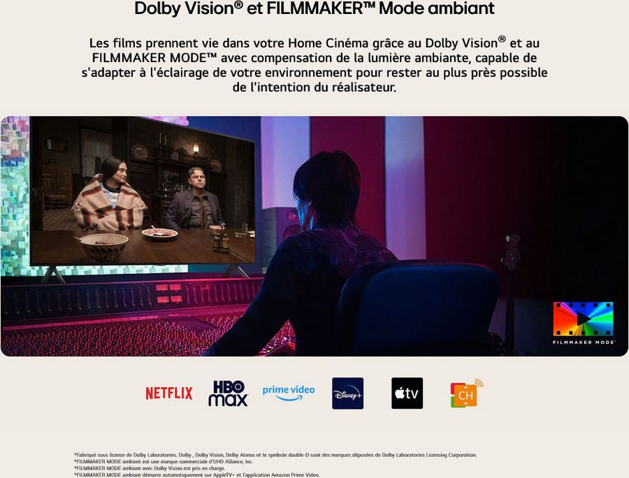  Téléviseur LG 86QNED85A affichant un film avec les technologies Dolby Vision et Filmmaker Mode dans une pièce sombre.
