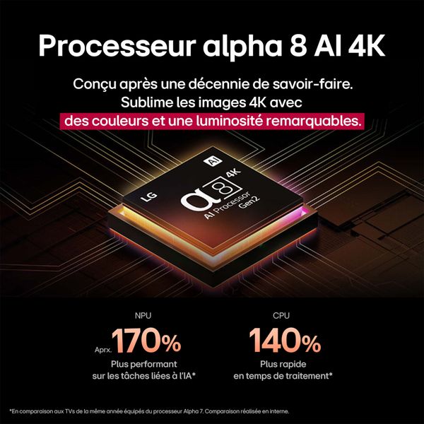  Processeur AI LG &alpha;8 Gen2 du t&eacute;l&eacute;viseur LG 55QNED85A affich&eacute; en gros plan sur un fond num&eacute;rique stylis&eacute;.