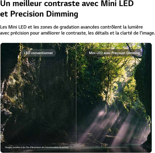 Téléviseur LG 55QNED85B – Mini LED et Precision Dimming Téléviseur LG 55QNED85B comparant un affichage Mini LED avec Precision Dimming à un rétroéclairage conventionnel.