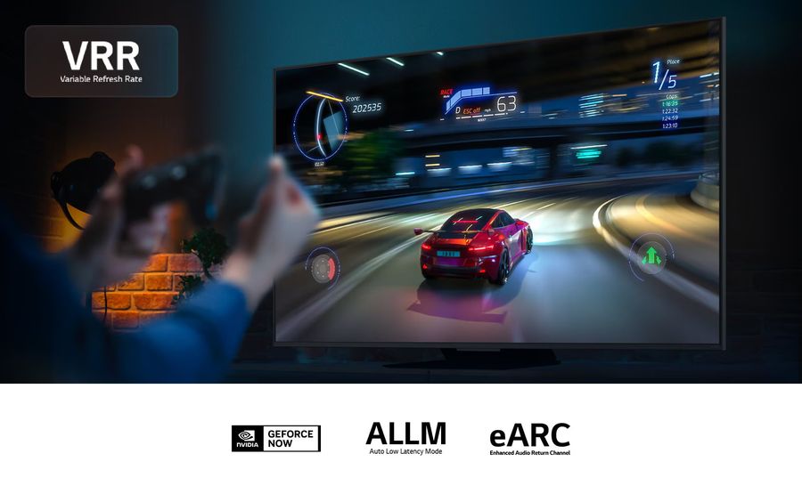 LG 55UA7500 : TV gaming avec VRR, ALLM, HGIG et tableau de bord dédié. Téléviseur LG 55UA7500, tableau de bord gaming et options avancées pour les joueurs.