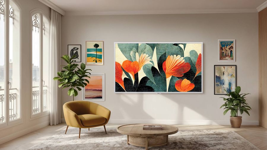 T&eacute;l&eacute;viseur LG 65LX7B6LA Gallery TV affichant une &oelig;uvre florale dans un salon lumineux &agrave; la d&eacute;coration contemporaine et &eacute;pur&eacute;e.