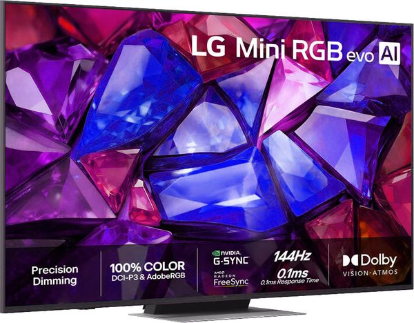 T&eacute;l&eacute;viseur RGB Mini LED LG 65MRGB88B pr&eacute;sentant un affichage aux couleurs &eacute;clatantes avec technologies d&rsquo;image, de jeu et audio int&eacute;gr&eacute;es.