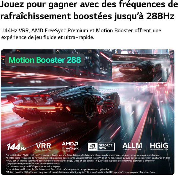 Téléviseur LG 65QNED85B – Gaming jusqu’à 288 Hz Téléviseur LG 65QNED85B illustrant les fonctions gaming 144 Hz VRR et Motion Booster jusqu’à 288 Hz.
